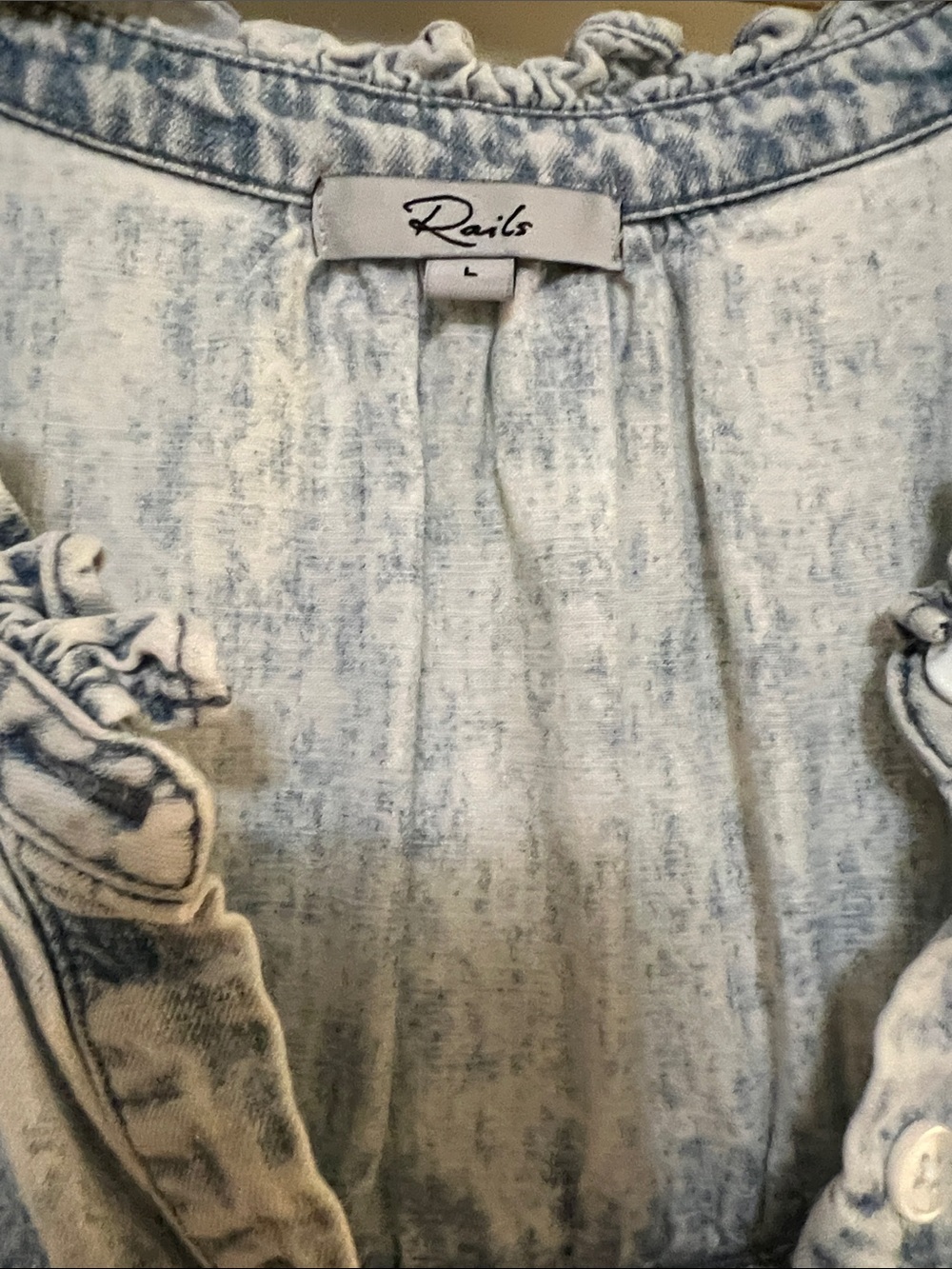 Rails Light Blue Washed Button-Front Ruffle Neck Top - Picture 2 of 5